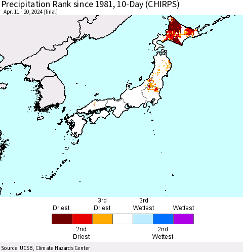 Japan Precipitation Rank since 1981, 10-Day (CHIRPS) Thematic Map For 4/11/2024 - 4/20/2024