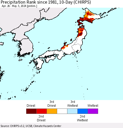 Japan Precipitation Rank since 1981, 10-Day (CHIRPS) Thematic Map For 4/26/2024 - 5/5/2024