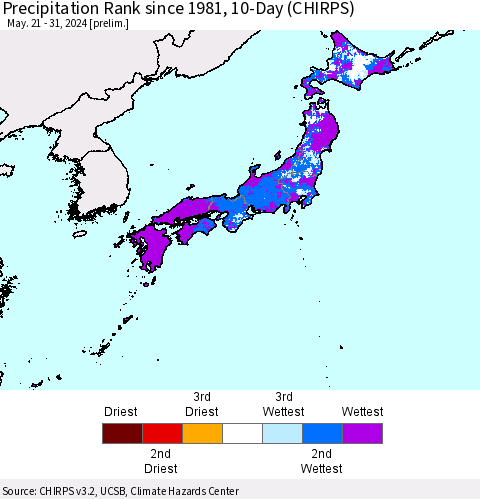 Japan Precipitation Rank since 1981, 10-Day (CHIRPS) Thematic Map For 5/21/2024 - 5/31/2024