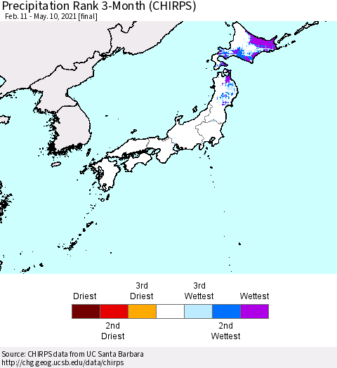 Japan Precipitation Rank since 1981, 3-Month (CHIRPS) Thematic Map For 2/11/2021 - 5/10/2021