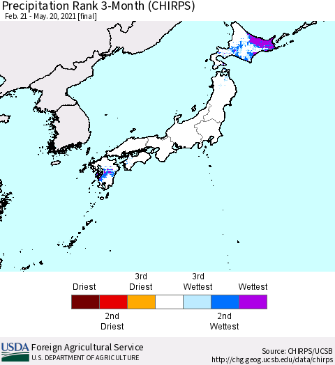 Japan Precipitation Rank since 1981, 3-Month (CHIRPS) Thematic Map For 2/21/2021 - 5/20/2021