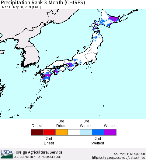 Japan Precipitation Rank since 1981, 3-Month (CHIRPS) Thematic Map For 3/1/2021 - 5/31/2021