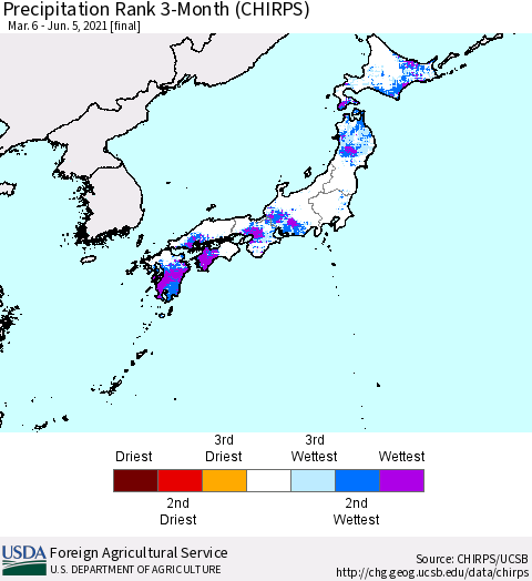 Japan Precipitation Rank since 1981, 3-Month (CHIRPS) Thematic Map For 3/6/2021 - 6/5/2021