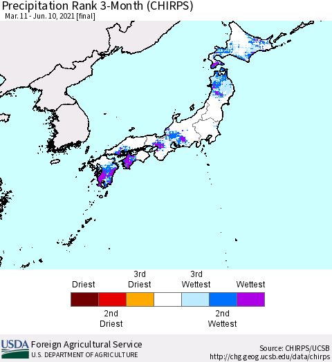 Japan Precipitation Rank since 1981, 3-Month (CHIRPS) Thematic Map For 3/11/2021 - 6/10/2021