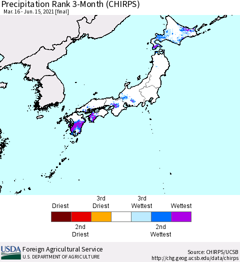 Japan Precipitation Rank since 1981, 3-Month (CHIRPS) Thematic Map For 3/16/2021 - 6/15/2021