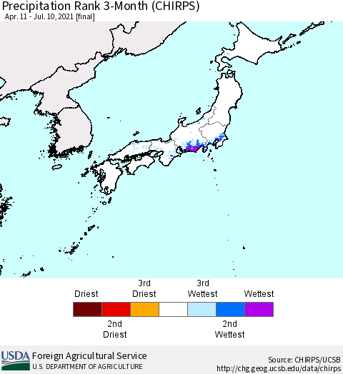 Japan Precipitation Rank since 1981, 3-Month (CHIRPS) Thematic Map For 4/11/2021 - 7/10/2021