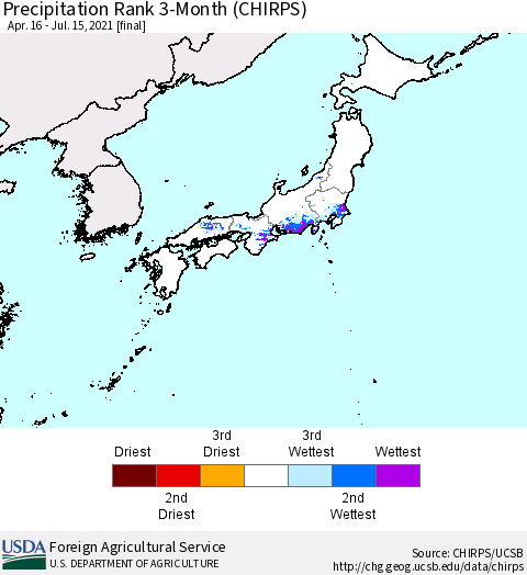 Japan Precipitation Rank since 1981, 3-Month (CHIRPS) Thematic Map For 4/16/2021 - 7/15/2021