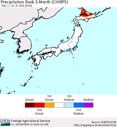 Japan Precipitation Rank since 1981, 3-Month (CHIRPS) Thematic Map For 5/1/2021 - 7/31/2021