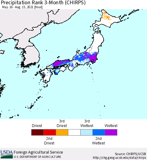 Japan Precipitation Rank since 1981, 3-Month (CHIRPS) Thematic Map For 5/16/2021 - 8/15/2021