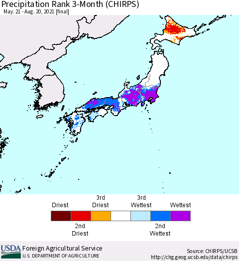 Japan Precipitation Rank since 1981, 3-Month (CHIRPS) Thematic Map For 5/21/2021 - 8/20/2021