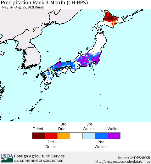 Japan Precipitation Rank since 1981, 3-Month (CHIRPS) Thematic Map For 5/26/2021 - 8/25/2021