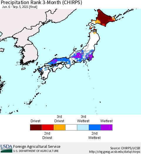 Japan Precipitation Rank since 1981, 3-Month (CHIRPS) Thematic Map For 6/6/2021 - 9/5/2021