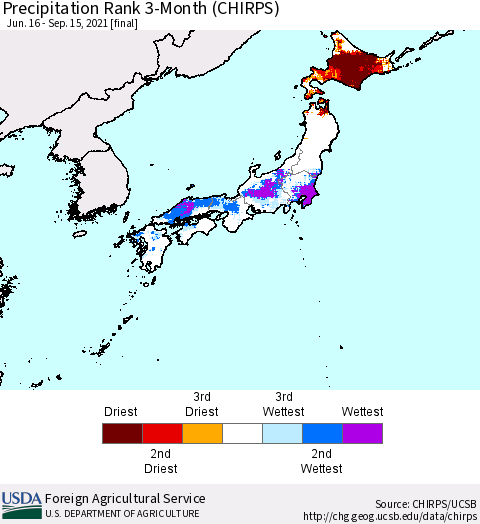 Japan Precipitation Rank since 1981, 3-Month (CHIRPS) Thematic Map For 6/16/2021 - 9/15/2021