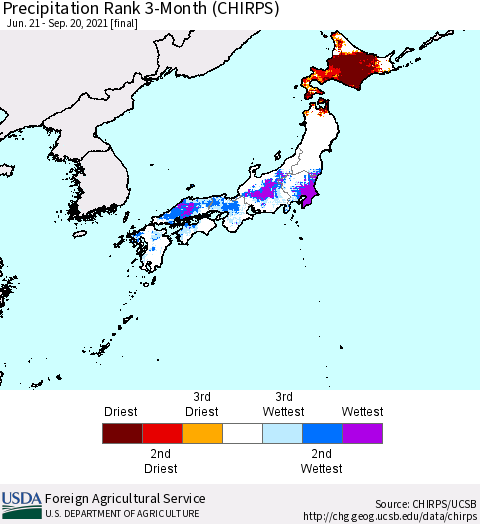 Japan Precipitation Rank since 1981, 3-Month (CHIRPS) Thematic Map For 6/21/2021 - 9/20/2021