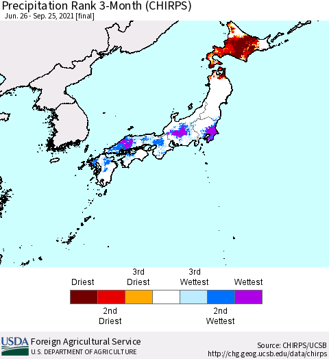 Japan Precipitation Rank since 1981, 3-Month (CHIRPS) Thematic Map For 6/26/2021 - 9/25/2021