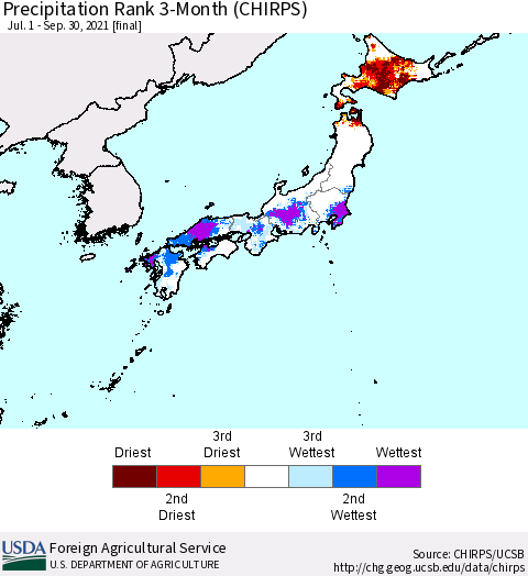 Japan Precipitation Rank since 1981, 3-Month (CHIRPS) Thematic Map For 7/1/2021 - 9/30/2021
