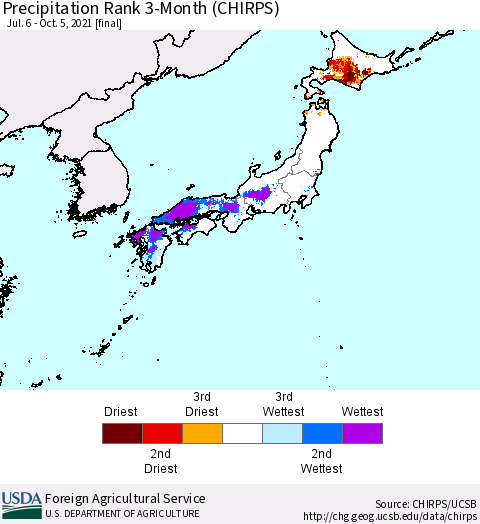 Japan Precipitation Rank since 1981, 3-Month (CHIRPS) Thematic Map For 7/6/2021 - 10/5/2021