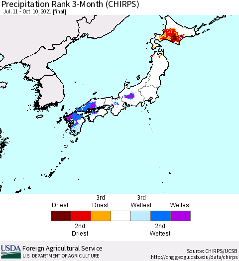 Japan Precipitation Rank since 1981, 3-Month (CHIRPS) Thematic Map For 7/11/2021 - 10/10/2021