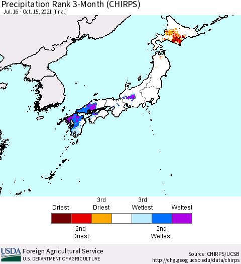 Japan Precipitation Rank since 1981, 3-Month (CHIRPS) Thematic Map For 7/16/2021 - 10/15/2021