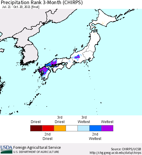 Japan Precipitation Rank since 1981, 3-Month (CHIRPS) Thematic Map For 7/21/2021 - 10/20/2021