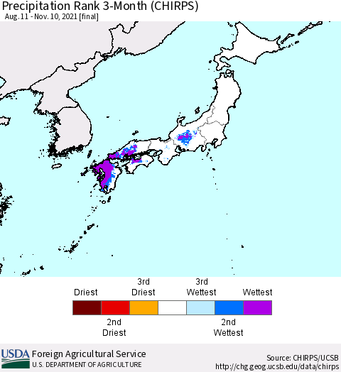 Japan Precipitation Rank since 1981, 3-Month (CHIRPS) Thematic Map For 8/11/2021 - 11/10/2021