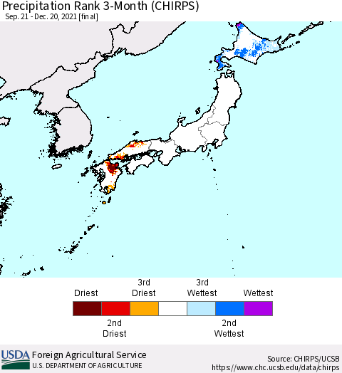 Japan Precipitation Rank since 1981, 3-Month (CHIRPS) Thematic Map For 9/21/2021 - 12/20/2021