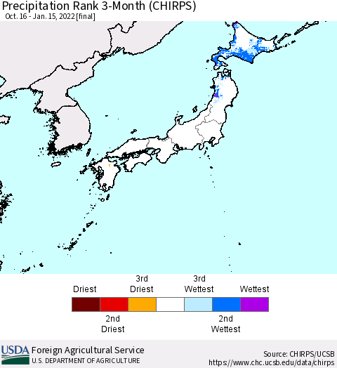 Japan Precipitation Rank since 1981, 3-Month (CHIRPS) Thematic Map For 10/16/2021 - 1/15/2022