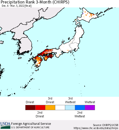 Japan Precipitation Rank since 1981, 3-Month (CHIRPS) Thematic Map For 12/6/2021 - 3/5/2022