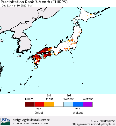 Japan Precipitation Rank since 1981, 3-Month (CHIRPS) Thematic Map For 12/11/2021 - 3/10/2022