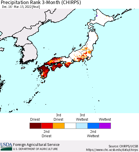 Japan Precipitation Rank since 1981, 3-Month (CHIRPS) Thematic Map For 12/16/2021 - 3/15/2022