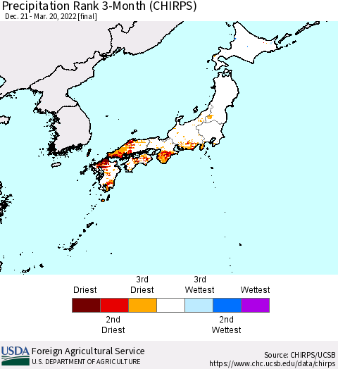 Japan Precipitation Rank since 1981, 3-Month (CHIRPS) Thematic Map For 12/21/2021 - 3/20/2022