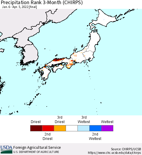 Japan Precipitation Rank since 1981, 3-Month (CHIRPS) Thematic Map For 1/6/2022 - 4/5/2022