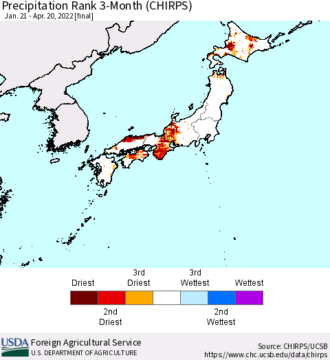 Japan Precipitation Rank since 1981, 3-Month (CHIRPS) Thematic Map For 1/21/2022 - 4/20/2022