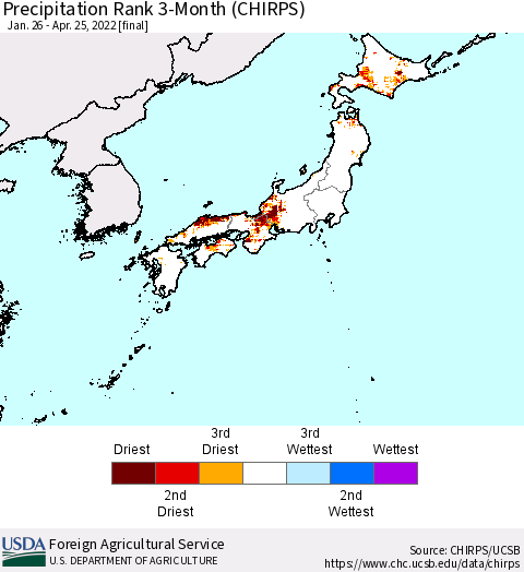 Japan Precipitation Rank since 1981, 3-Month (CHIRPS) Thematic Map For 1/26/2022 - 4/25/2022