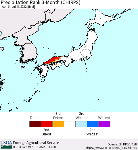 Japan Precipitation Rank since 1981, 3-Month (CHIRPS) Thematic Map For 4/6/2022 - 7/5/2022