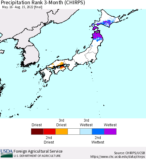 Japan Precipitation Rank since 1981, 3-Month (CHIRPS) Thematic Map For 5/16/2022 - 8/15/2022