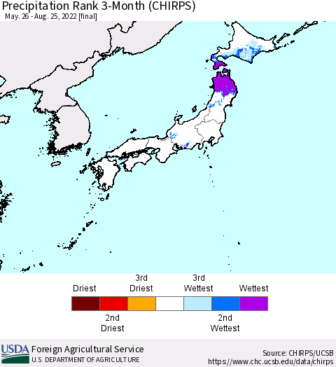 Japan Precipitation Rank since 1981, 3-Month (CHIRPS) Thematic Map For 5/26/2022 - 8/25/2022
