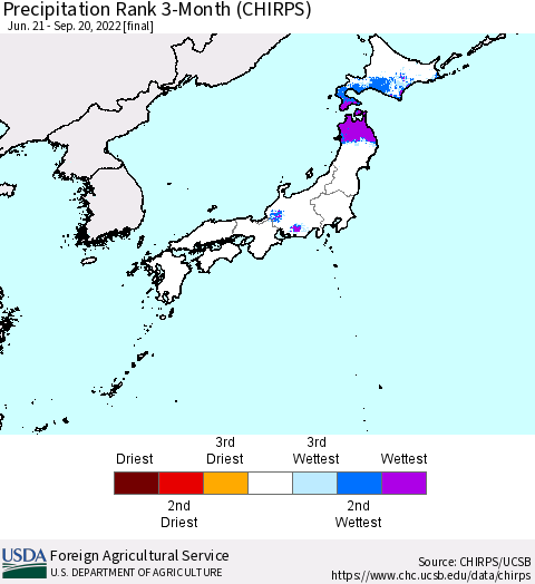 Japan Precipitation Rank since 1981, 3-Month (CHIRPS) Thematic Map For 6/21/2022 - 9/20/2022