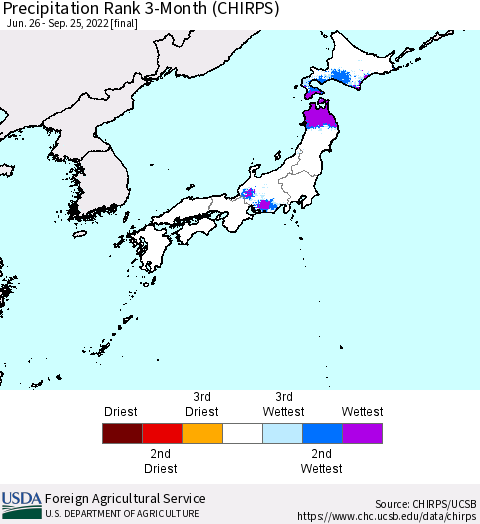 Japan Precipitation Rank since 1981, 3-Month (CHIRPS) Thematic Map For 6/26/2022 - 9/25/2022
