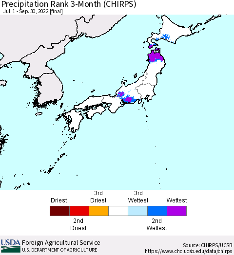 Japan Precipitation Rank since 1981, 3-Month (CHIRPS) Thematic Map For 7/1/2022 - 9/30/2022