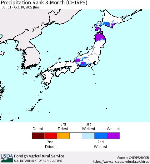 Japan Precipitation Rank since 1981, 3-Month (CHIRPS) Thematic Map For 7/11/2022 - 10/10/2022