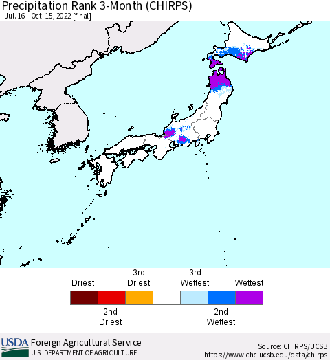 Japan Precipitation Rank since 1981, 3-Month (CHIRPS) Thematic Map For 7/16/2022 - 10/15/2022