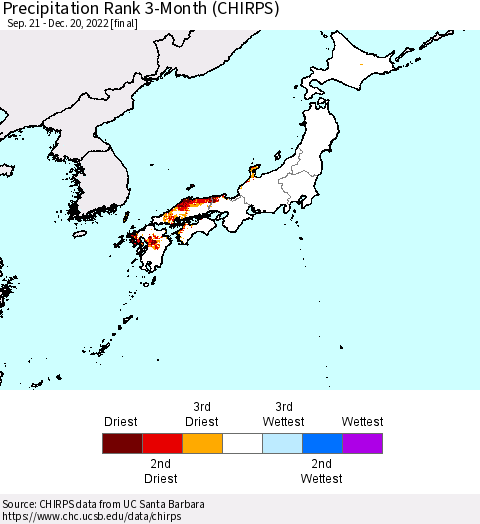 Japan Precipitation Rank since 1981, 3-Month (CHIRPS) Thematic Map For 9/21/2022 - 12/20/2022