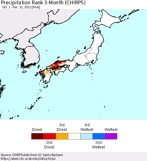 Japan Precipitation Rank since 1981, 3-Month (CHIRPS) Thematic Map For 10/1/2022 - 12/31/2022