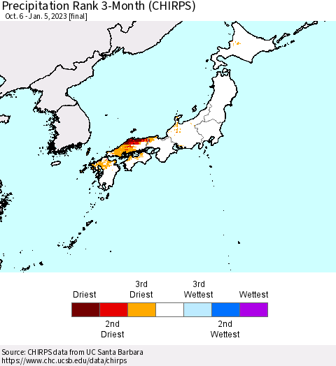 Japan Precipitation Rank since 1981, 3-Month (CHIRPS) Thematic Map For 10/6/2022 - 1/5/2023