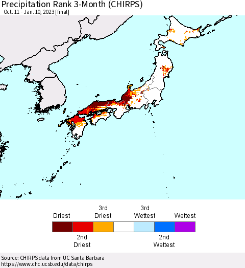 Japan Precipitation Rank since 1981, 3-Month (CHIRPS) Thematic Map For 10/11/2022 - 1/10/2023