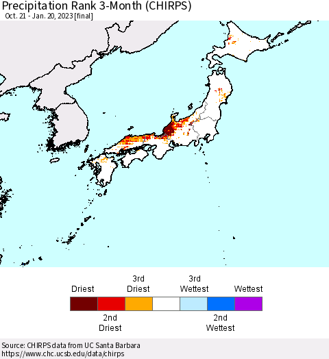 Japan Precipitation Rank since 1981, 3-Month (CHIRPS) Thematic Map For 10/21/2022 - 1/20/2023