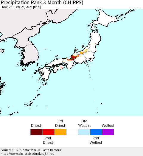 Japan Precipitation Rank since 1981, 3-Month (CHIRPS) Thematic Map For 11/26/2022 - 2/25/2023