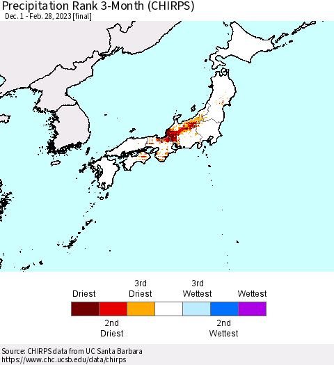 Japan Precipitation Rank since 1981, 3-Month (CHIRPS) Thematic Map For 12/1/2022 - 2/28/2023