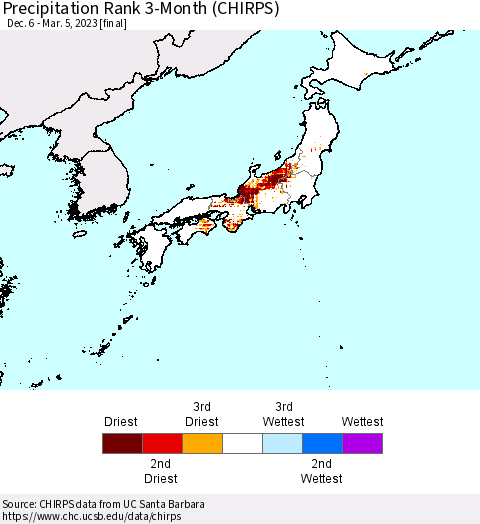 Japan Precipitation Rank since 1981, 3-Month (CHIRPS) Thematic Map For 12/6/2022 - 3/5/2023